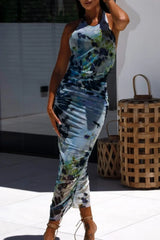 Backless Printed Halter Neck Dress