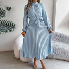 Elegant High Neck Long Sleeve Pleated Maxi Dress - Solid Color Flowy Dress For Women, Casual To Formal Wear-FREE USA SHIPPING