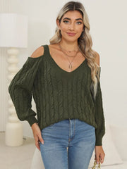Textured Cable-Knit V-Neck Knit Sweater