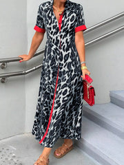 Leopard Print Button-Down Dress with Contrast Trim