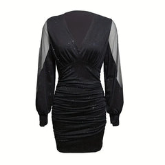Women's Sexy Deep V-Neck Ruched Bodycon Mesh Long Sleeve Sparkling Party Dress - Free USA Shipping