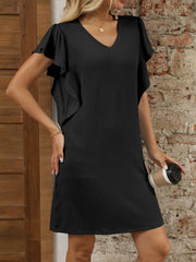 Soft Flow Ruffle Cap Sleeve V-Neck Dress