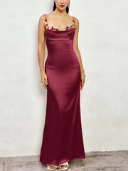 Floral Trim Satin Maxi Dress