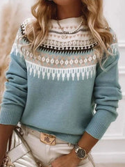 Full Size Vintage Patterned Round Neck Sweater Plus Size