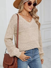 Cozy Eyelet Knit V-Neck Long Sleeve Sweater �Chic & Feminine Style
