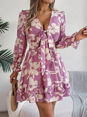 Tied Ruffled Printed Long Sleeve Dress Floral