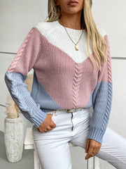 Color Block Round Neck Long Sleeve Knit Sweater