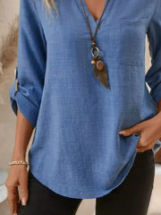 Casual Notched Roll-Up Sleeve Pocket Blouse