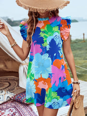 Classy Printed Ruffled Cap Sleeve Mini Dress