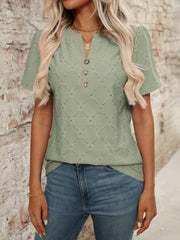 Casual Eyelet Notched Short Sleeve Shirt