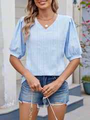 Puff Sleeve V-Neck Eyelet Lace T-Shirt