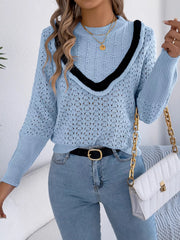 Hollow-Out Knit Top with Contrast Trim