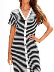Contrast Striped V-Neck Short Sleeve Midi Dress