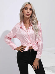 Leopard Collared Neck Long Sleeve Shirt