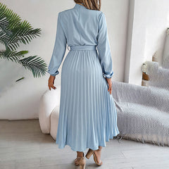 Elegant High Neck Long Sleeve Pleated Maxi Dress - Solid Color Flowy Dress For Women, Casual To Formal Wear-FREE USA SHIPPING