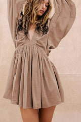 Smocked Bodice V-Neck Puff Sleeve Dress
