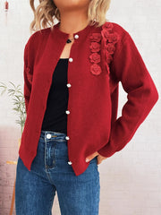 Floral Button-Front Long Sleeve Knit Cardigan