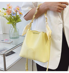 Leather Bucket Tote Bag with Chain Sling Handle