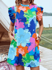 Classy Printed Ruffled Cap Sleeve Mini Dress
