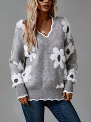 Floral V-Neck Knit Long Sleeve Sweater