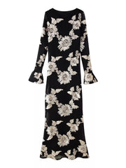 Floral Flounce Sleeve Round Neck Dress