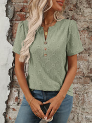 Casual Eyelet Notched Short Sleeve Shirt