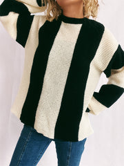 Color Block Round Neck Long Sleeve Sweater Stripes