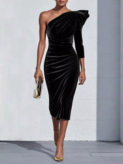 Elegant Velvet One-Shoulder Midi Dress