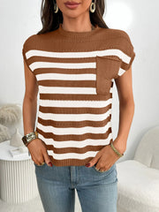 Striped Mock Neck Cap Sleeve Knit Top