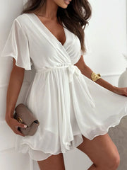 V-Neck Surplice Flutter Sleeve Short Dress