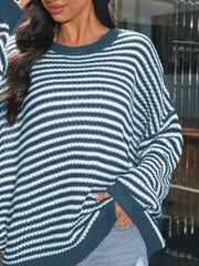 Classy Striped Round Neck Drop Shoulder Sweater