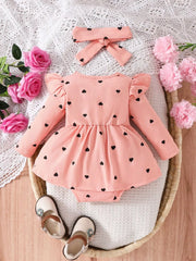 Children's Heart Print Ruffle Trim Bodysuit Dress with Headband
