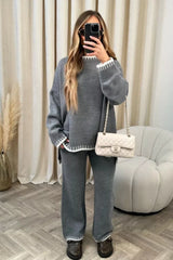 Contrast Trim Round Neck Top and Pants Sweater Set