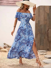 Ruffled Printed Off Shoulder Maxi Dress