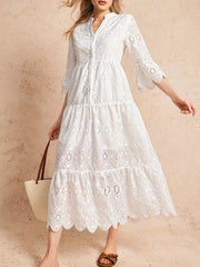 Eyelet Notched Tiered Midi Dress