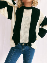 Color Block Round Neck Long Sleeve Sweater Stripes