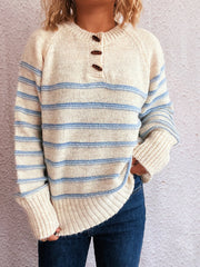 Button-Accent Striped Long Sleeve Knit Sweater