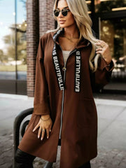 Full Size Casual Hooded Zip-Up Longline Outerwear Plus Size