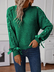 Ribbon-Tie Sleeve Round Neck Sweater