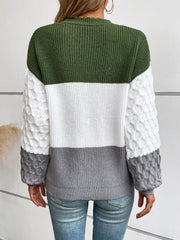 Round Neck Long Sleeve Color Block Sweater
