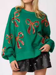 Christmas Sequin Bow Round Neck Sweatshirt
