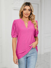 Florira Eyelet Notched Short Sleeve T-Shirt