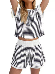 Full Size Striped Round Neck Top and Shorts Set Plus Size