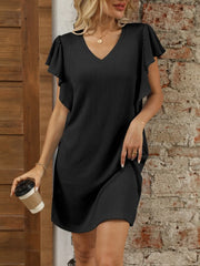 Soft Flow Ruffle Cap Sleeve V-Neck Dress