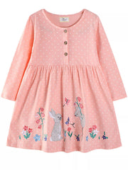 Children's Cute Animal Embroidered Polka Dot Long Sleeve Dress