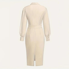 Women's Elegant Solid Stand Collar Long Sleeve Dress With Bow Detail Hem Slit Formal Midi Dress For Spring&Fall