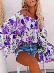 Full Size Floral Off-Shoulder Bell Sleeve Blouse Plus Size