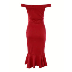 Women's Solid Color Ruffled High-Slit Bodycon Dress Sparkling Off-Shoulder Party Dress For Summer