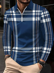 Men's Full Size Plaid Zip Collar Long Sleeve Polo Plus Size