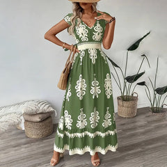 Women's Summer Flowy Maxi Dress Casual Cap Sleeve V Neck Smocked Waist Beach Sundress-FREE USA SHIPPING